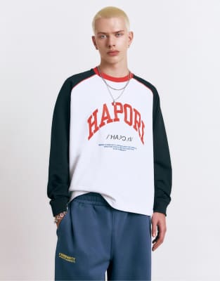 Pull & Bear Varsity Round Neck Sweatshirt In White