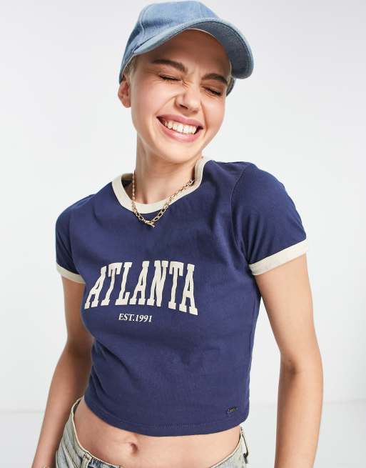 Pull&Bear varsity slogan cropped t-shirt in navy