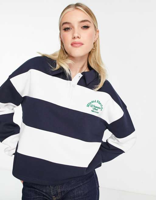 Pull&Bear varsity striped cropped polo shirt with logo detail in navy and  white