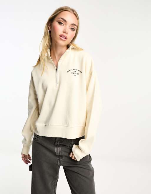 Pull&Bear - Varsity sweatshirt met korte rits in ecru