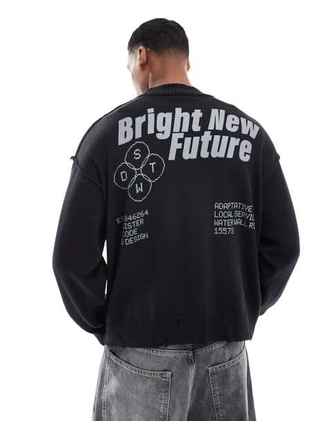 Pull&Bear - Vasket sort strikket trøje med grafik på ryggen - view 1