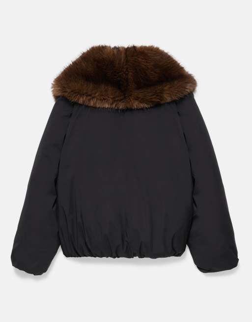 Pull&Bear vatteret jakke med krave i imiteret pels i sort, 7 af 7