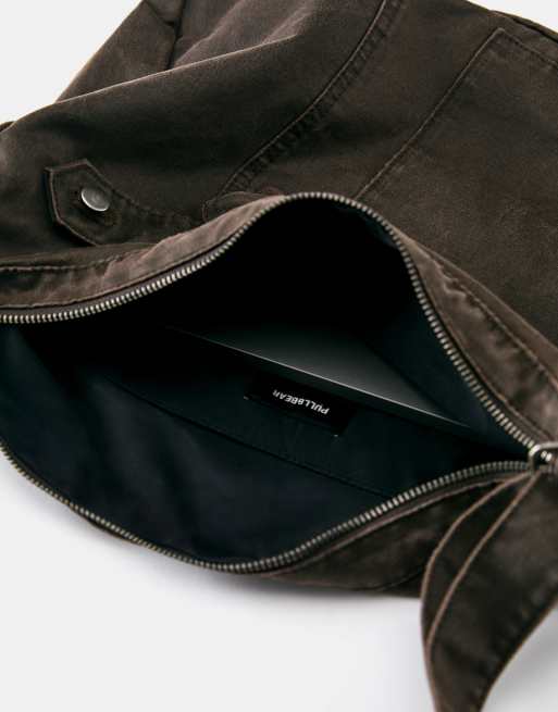 Pull&Bear vaxad canvas axelremsväska i ockra, 5 av 6