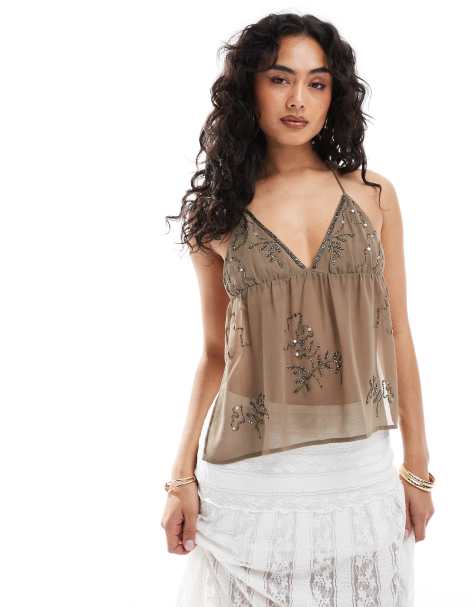Pull&Bear - Versierde haltertop in bruin - view 1