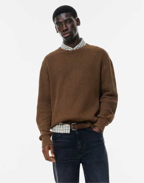 Pull&Bear - Vervaagde gebreide sweater met acid wash in bruin - view 1