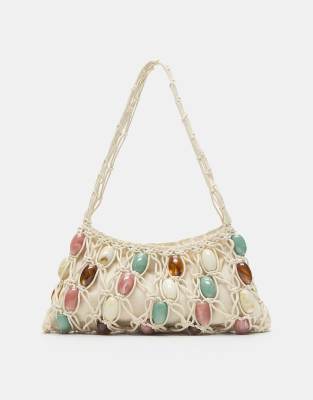 Pull & Bear - Verzierte Schultertasche im Makramee-Design in Ecru-Weiß