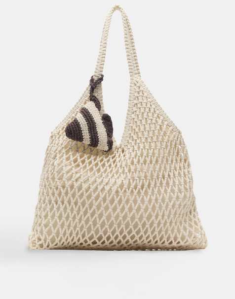 Pull&Bear – Verzierte Tragetasche in Ecru im Makramee-Design - view 1