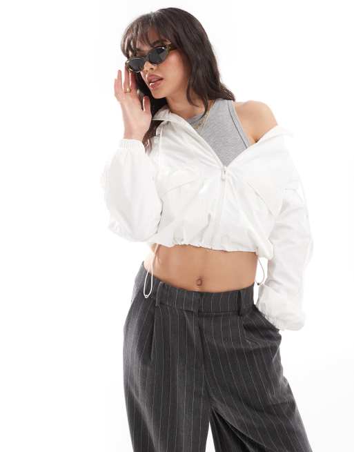 Pull&Bear - Veste à capuche aspect nylon coupe carrée - Blanc