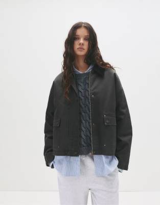 Pull & Bear - Veste cirée avec col en velours côtelé - Gris