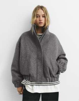 Pull & Bear - Veste courte oversize en feutre texturé - Chiné foncé-Gris