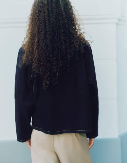 Pull&Bear veste en jean à col contrastant bleu marine, 3 de 7