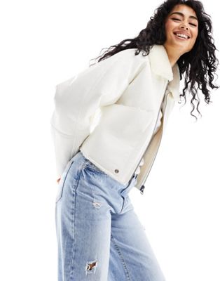 Pull&Bear faux leather shearling detail jacket with shiny finish in white - ASOS Price Checker