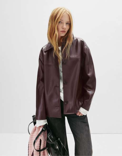 Pull&Bear Veste imitation cuir à coutures apparentes Bordeaux