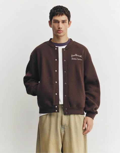 Pull&Bear - Veste universitaire à broderie - Chocolat - view 1