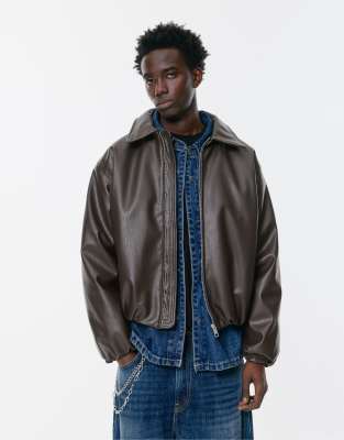 Pull & Bear - Veste volumineuse en similicuir - Chocolat-Brown