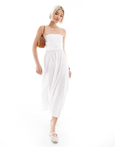 Pull&Bear - Vestito bianco a fascia in popeline con dettaglio arricciato e gonna al polpaccio - view 1