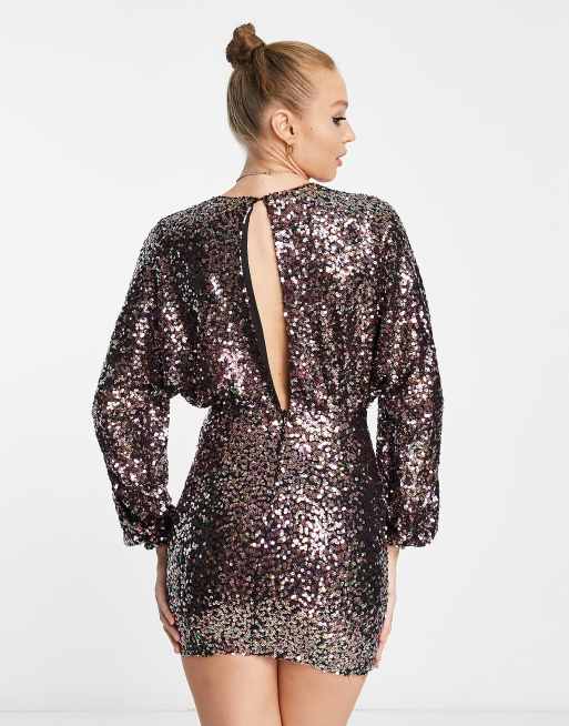 Pull Bear Vestito corto a maniche lunghe con scollo profondo di paillettes multicolore