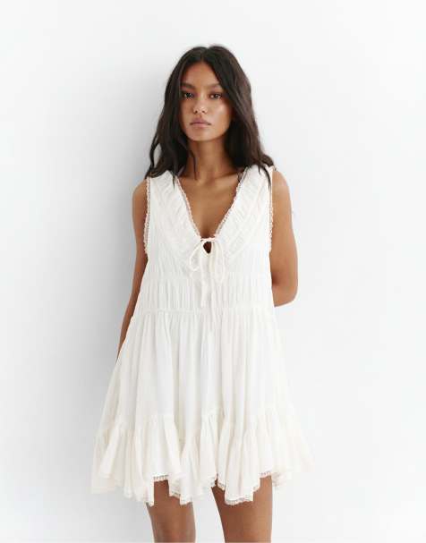 Pull&Bear - Vestito corto bianco e beige con volant - view 1