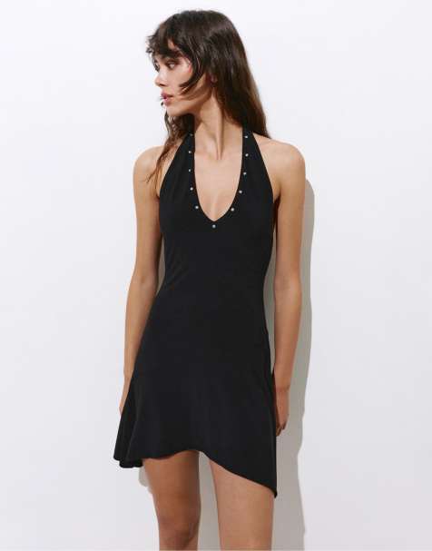 Pull&Bear - Vestito corto drappeggiato nero allacciato al collo - view 1