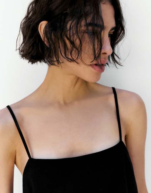 Pull&Bear - Vestito corto in misto lino nero con spalline sottili, 2 di 4
