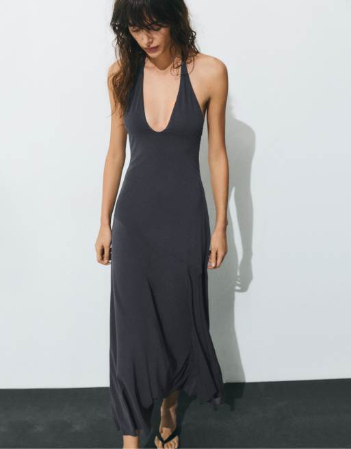 Pull&Bear - Vestito lungo allacciato al collo in cupro grigio scuro, 4 di 4