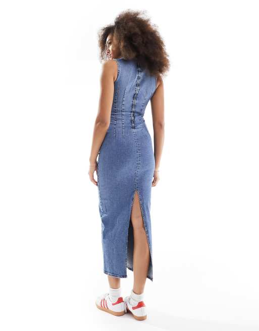 Pull&Bear - Vestito lungo in denim color blu medio con scollo a vogatore, 4 di 4