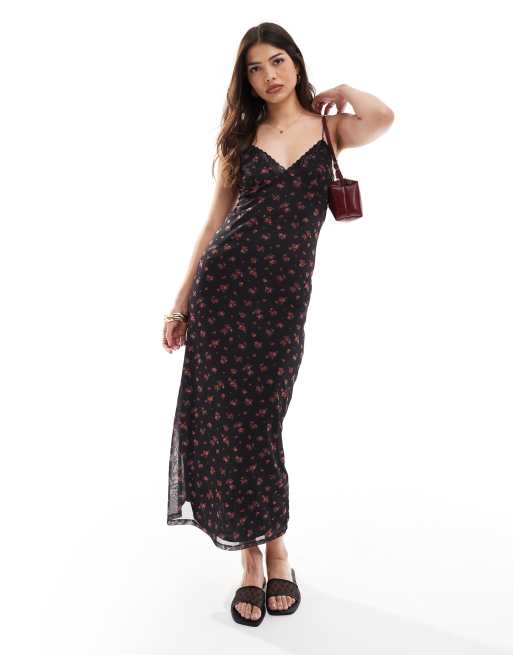 Pull&Bear - Vestito lungo nero a fiori in rete con fascette sottili sul retro e finiture in pizzo