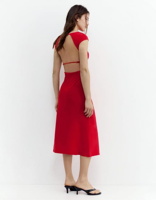 Pull&Bear - Vestito midi a maniche corte color fragola