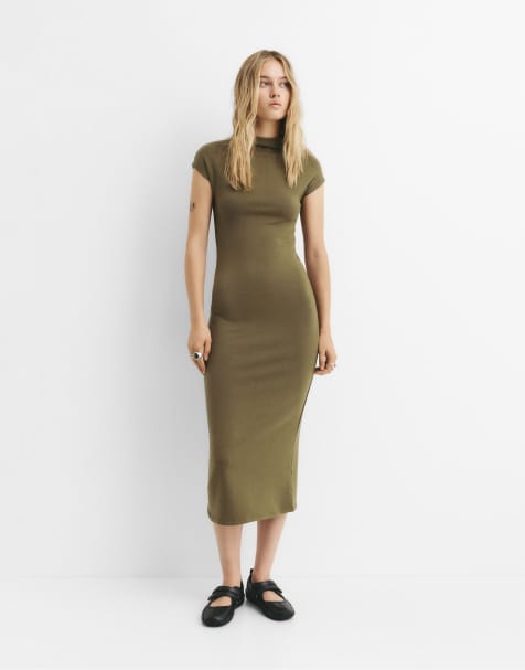 Pull&Bear - Vestito midi accollato kaki - view 1