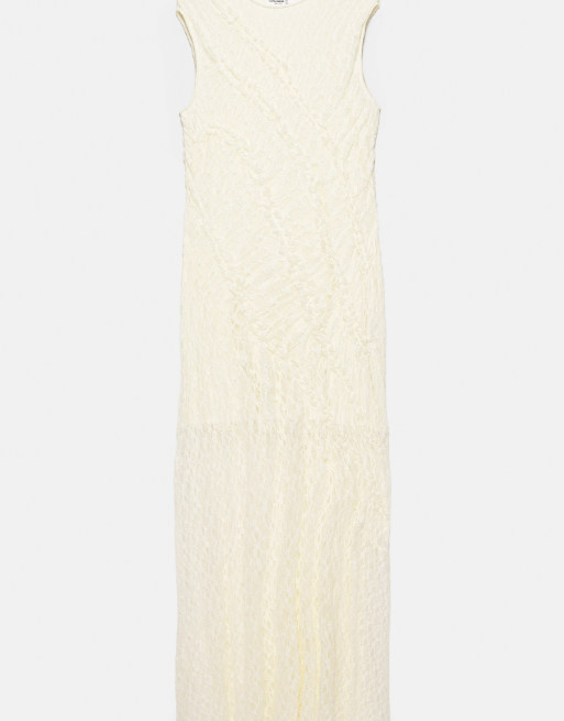 Pull&Bear vestito midi aderente in pizzo beige, 4 di 6