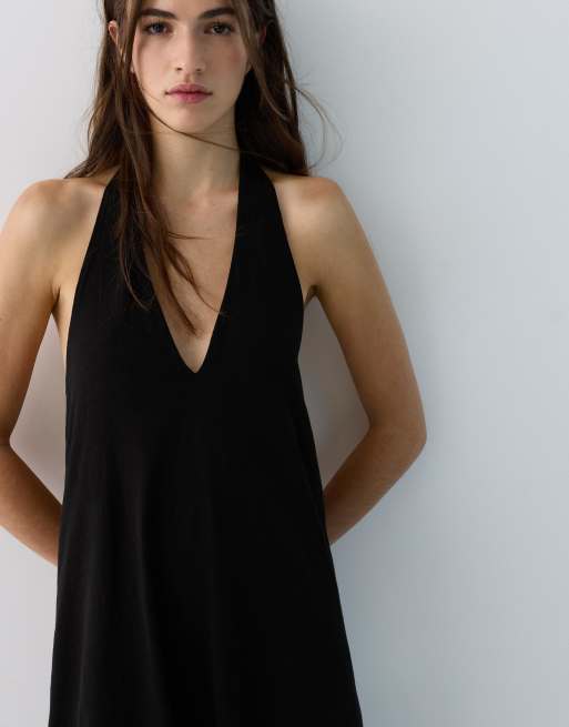 Pull&Bear - Vestito midi allacciato al collo nero, 4 di 4