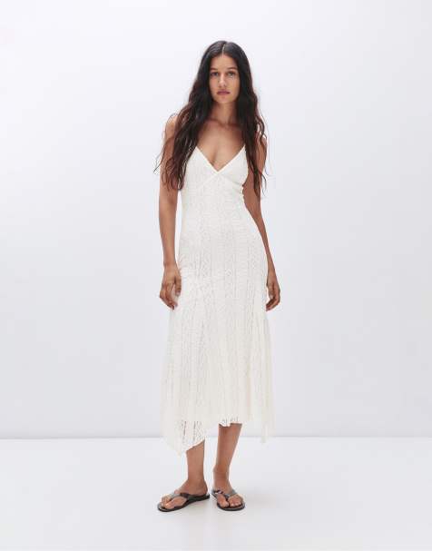 Pull&Bear - Vestito midi beige in pizzo con spalline sottili - view 1