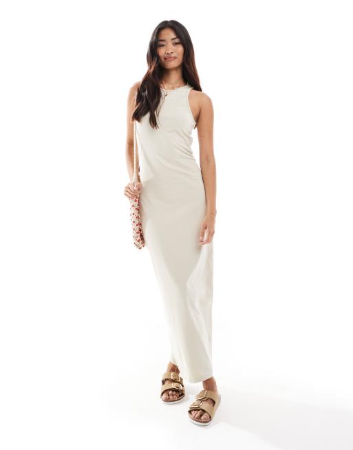 Pull&Bear - Vestito midi color sabbia con scollo a vogatore