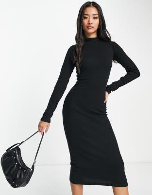 Pull&Bear - Vestito midi in jersey a maniche lunghe nero con collo a imbuto