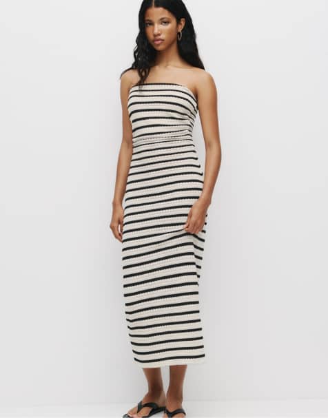 Pull&Bear - Vestito midi in maglia écru e nero a righe - view 1