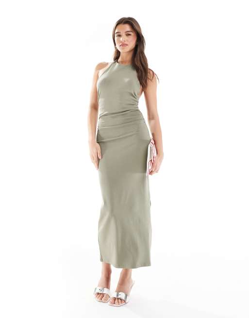 Pull&Bear - Vestito midi kaki con scollo a vogatore