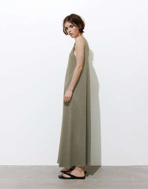 Pull&Bear - Vestito midi kaki con spalline sottili, 4 di 4