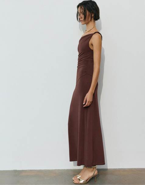 Pull&Bear - Vestito midi marrone asimmetrico - view 1