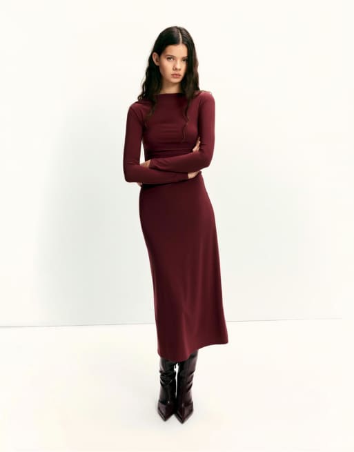 Pull&Bear - Vestito midi morbido drappeggiato color bordeaux