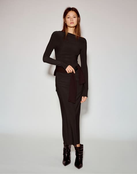 Pull&Bear - Vestito midi morbido drappeggiato marrone - view 1