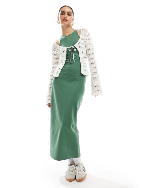 Pull&Bear - Vestito midi verde kaki con scollo a vogatore