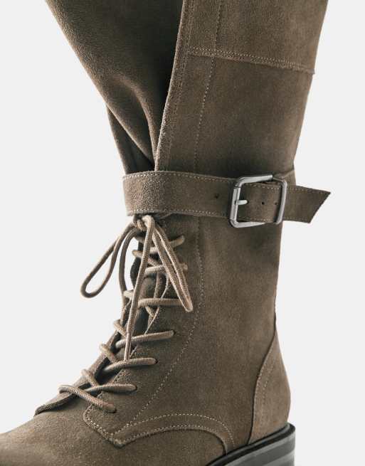 Pull&Bear veterlaarzen van leer met platte zool in taupe, 4 van 6