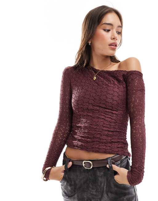 Pull&Bear – Vinröd, enaxlad topp i spets med asymmetrisk design