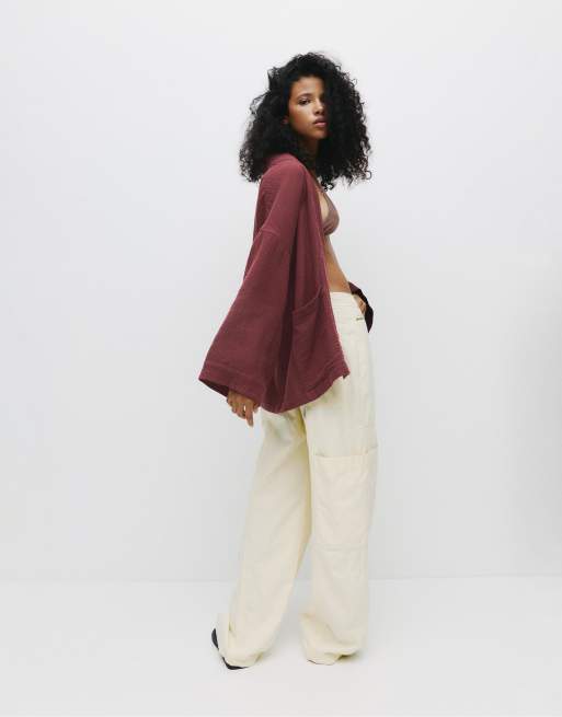 Pull&Bear – Vinröd kimonojacka med volym