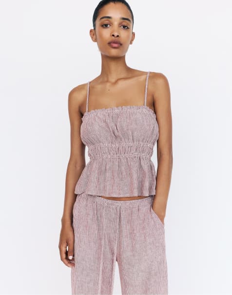 Pull&Bear – Vinröd, randig topp med smala axelband - view 1