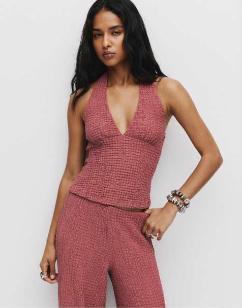 Pull&Bear – Vinröd topp med halterneck och skrynklig effekt - view 1