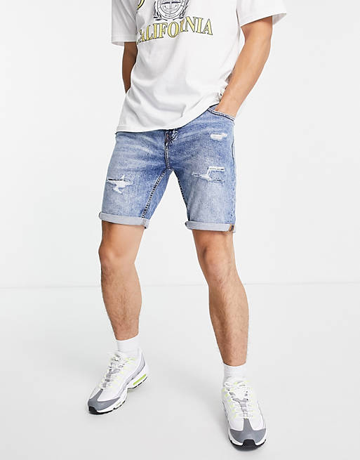 Men Pull&Bear vintage fit denim shorts in blue with rips 
