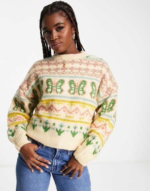 Pull&Bear vintage print oversized jumper in beige | ASOS