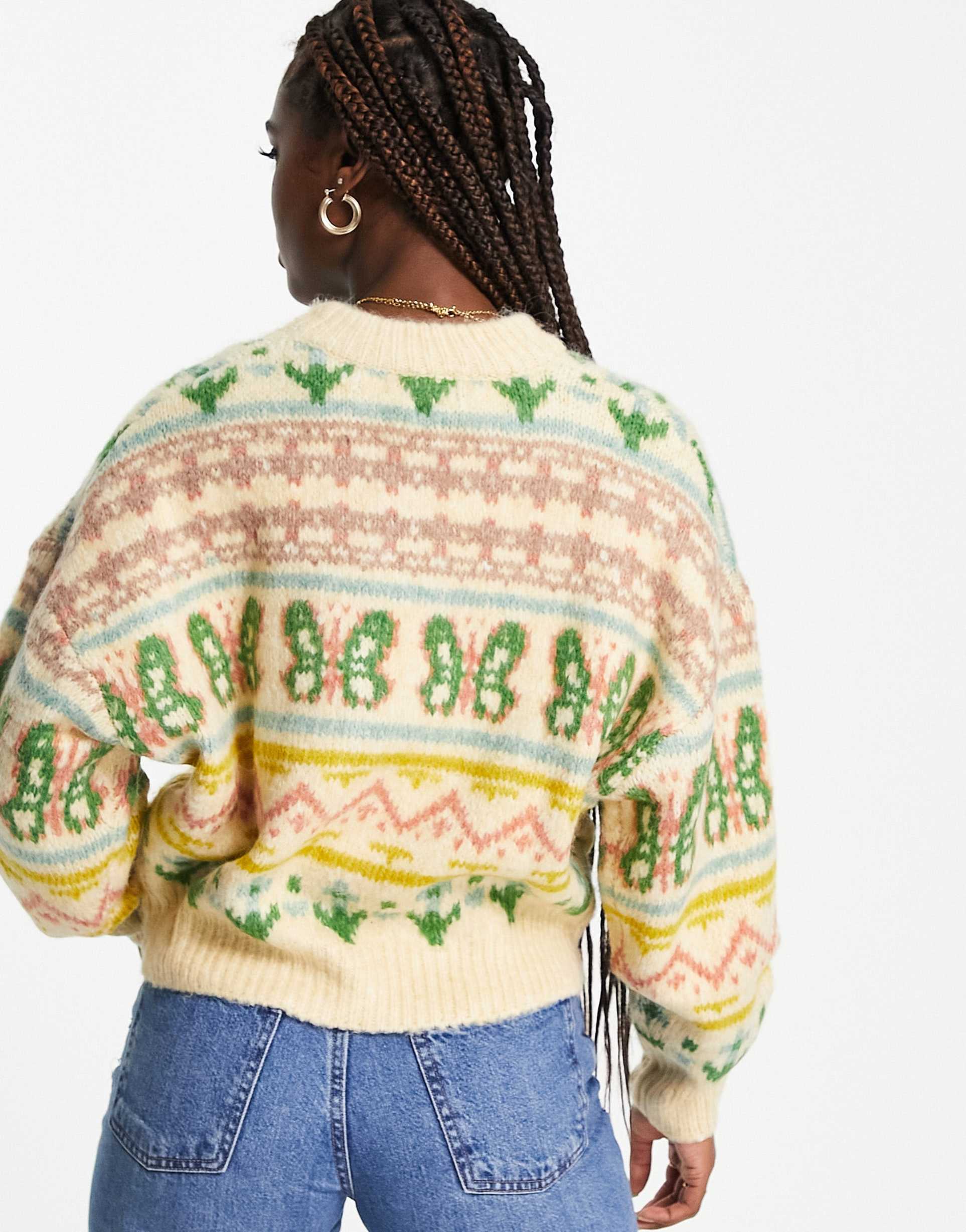 Pull&Bear vintage print oversized jumper in beige view 4