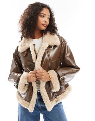 vinyl aviator jacket with faux shearling trim in brown